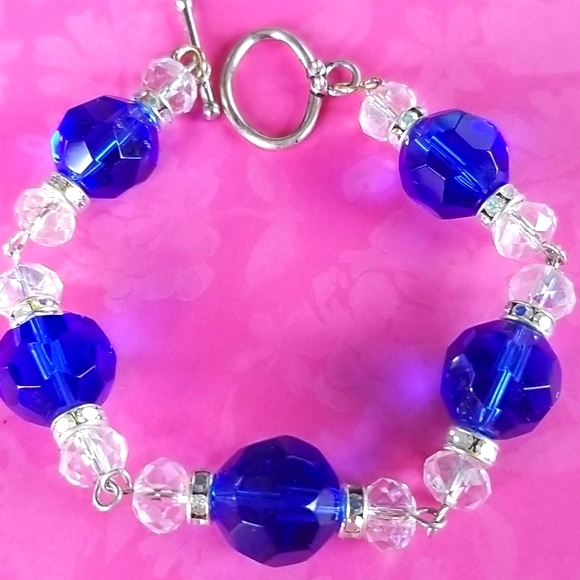 Hand Crafted Vintage Sapphire Crystal Rhinestone Bead Bracelet - Picture 7 of 16